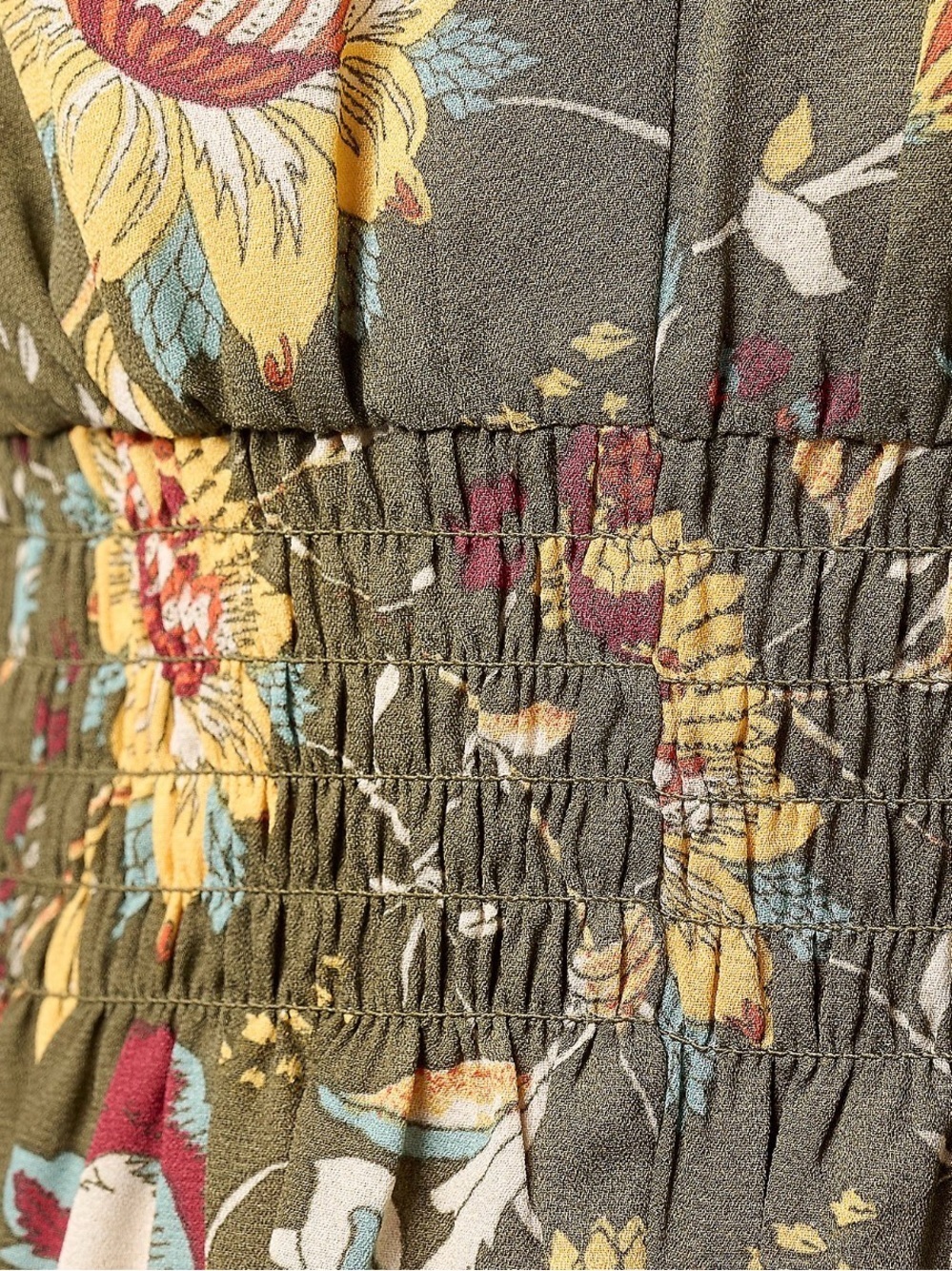 Belle Boho by Kim Gravel Smocked Waist Dress Olive Floral Fall Harvest - Picture 5 of 10